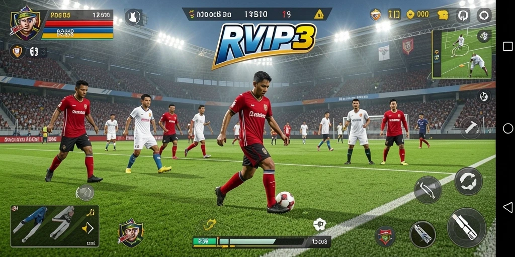 Tampilan gameplay menarik dari RVIP3 yang menggambarkan aksi sepakbola intens.